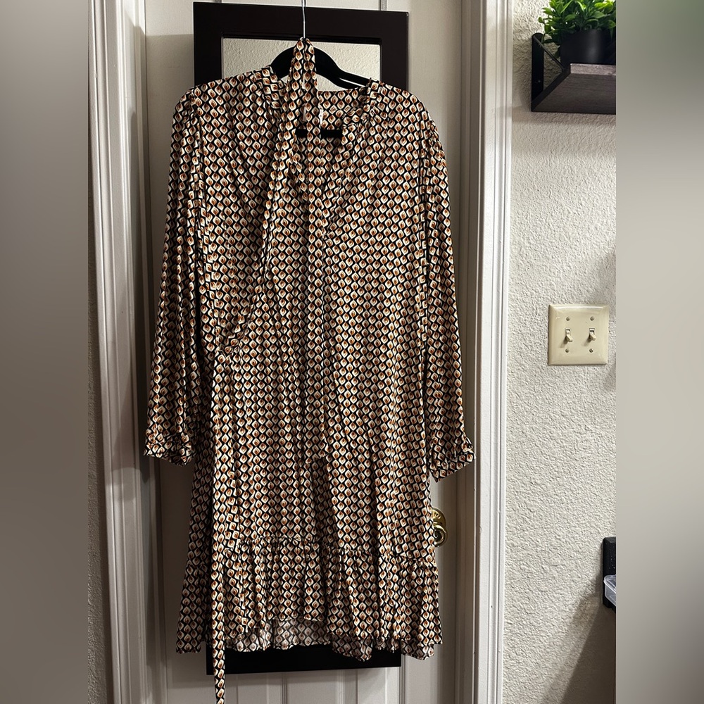 Silk & Salt Geometric Print Dress in Black, Orange & Cream
